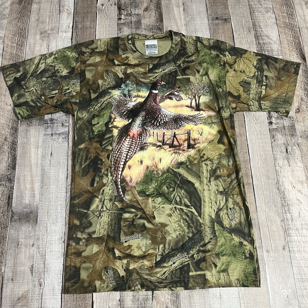 Hunting Shirt Adult Medium Green Camouflage Pheasant Bird Nature Tee Sportex